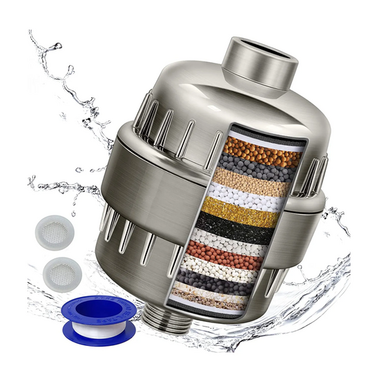 20 Stage Universal Shower Filter for Hard Water - 2 Cartridges Included - Chrome